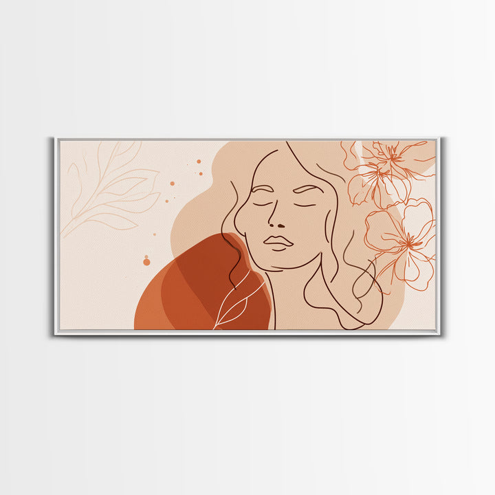 Terracotta Woman Line Art Canvas Print, Floral Feminine Wall Art, Boho Bedroom Decor, Abstract Portrait Gift For Her, Modern Home Decor