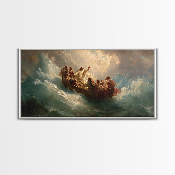 Jesus Calming The Storm At Sea Wall Art, Christian Boat Painting, Biblical Ocean Canvas, Religious Home Decor Gift, Church Decor