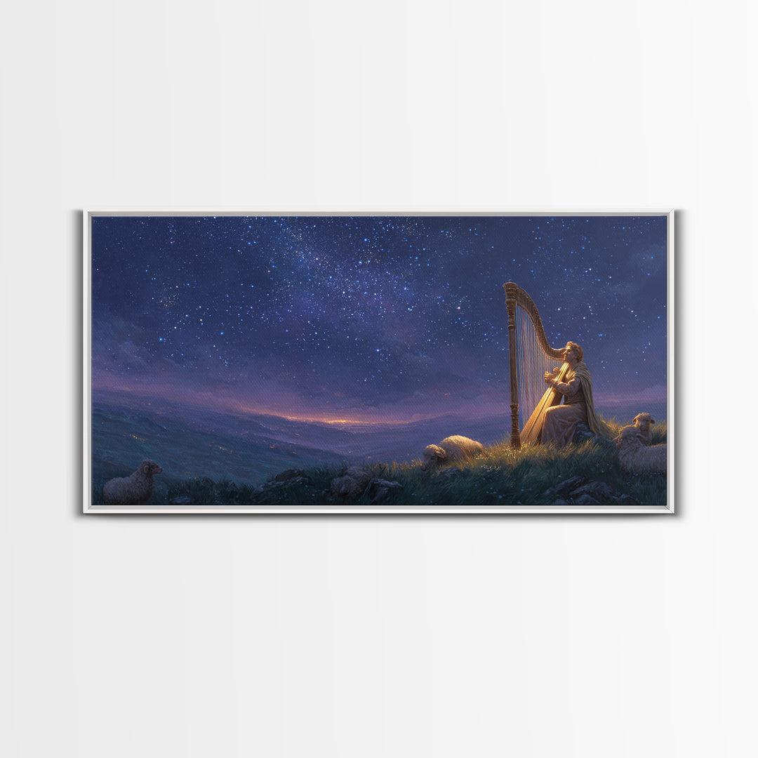 Shepherd Playing Harp Under Stars Wall Art, Biblical Canvas Print, Peaceful Night Landscape Decor For Bedroom And Nursery