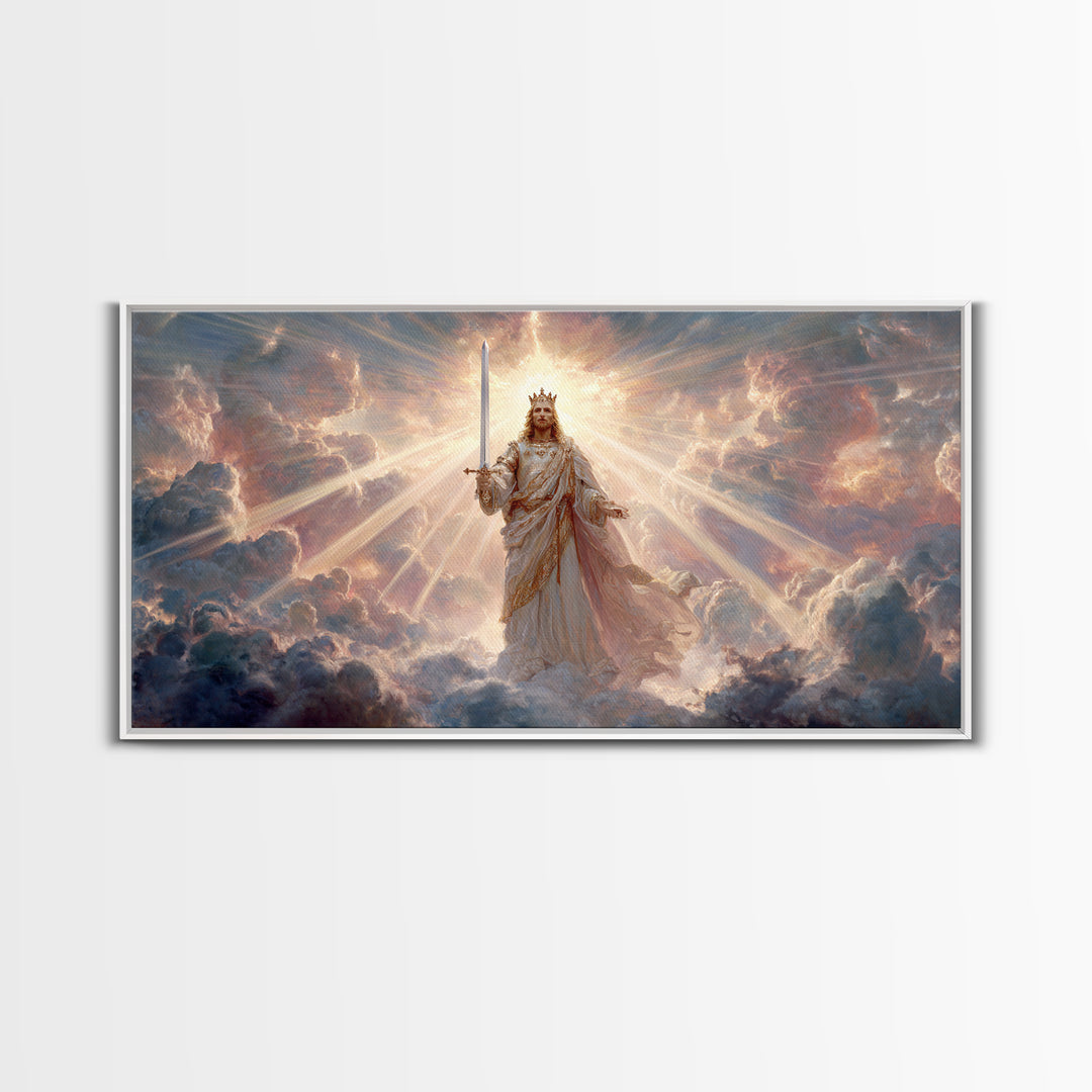 Radiant Heavenly King Canvas Print, Christian Wall Art, Divine Sword And Clouds, Spiritual Fine Art For Prayer Room Decor