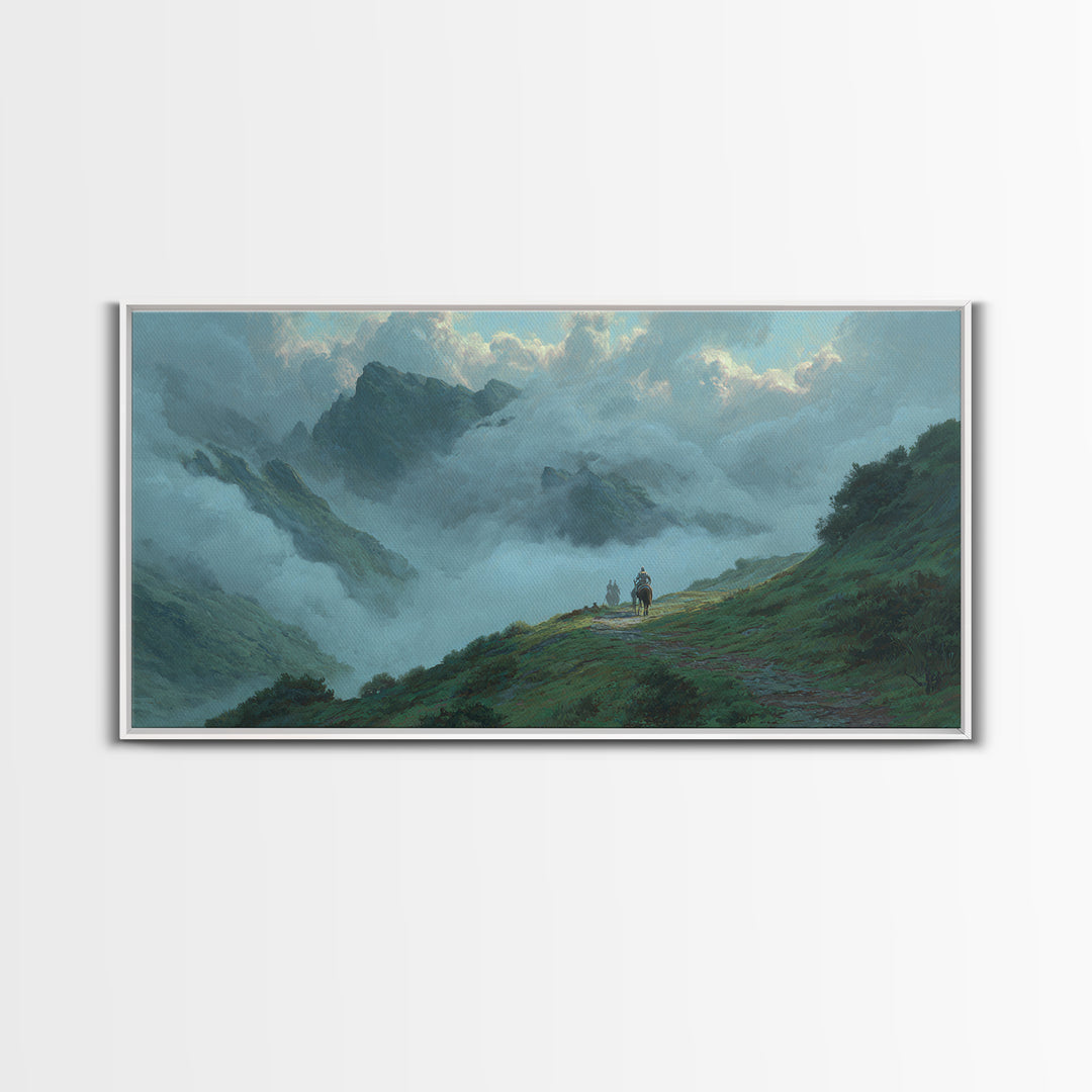 Misty Mountain Path Landscape Wall Art, Moody Nature Canvas Print, Alpine Hiking Decor, Large Living Room Wall Decor Gift