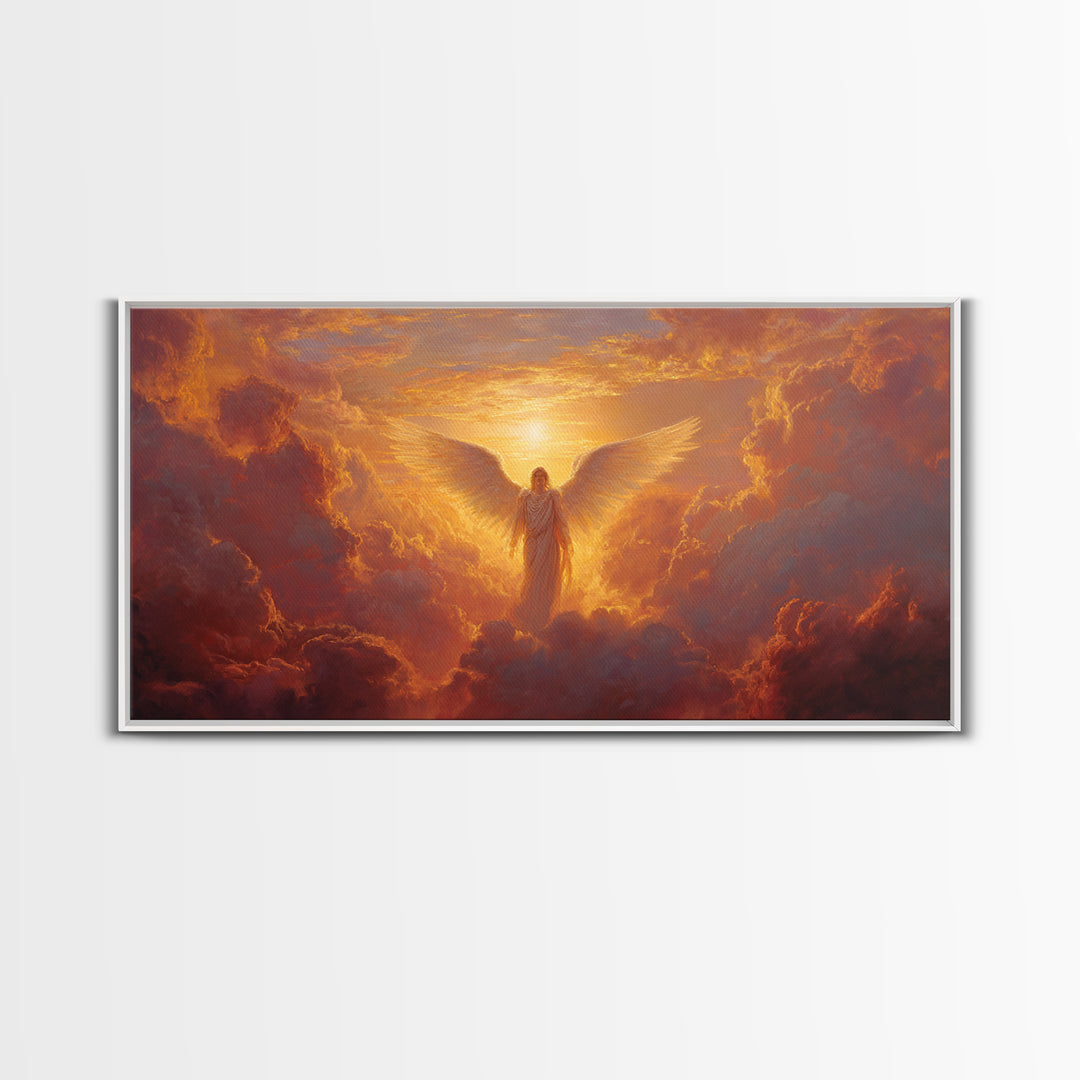 Radiant Angel In Golden Clouds Wall Art, Spiritual Christian Canvas, Celestial Painting, Inspirational Home Decor Gift For Her