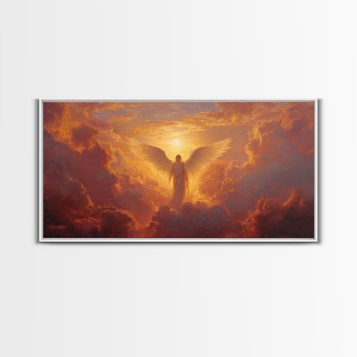 Radiant Angel In Golden Clouds Wall Art, Spiritual Christian Canvas, Celestial Painting, Inspirational Home Decor Gift For Her