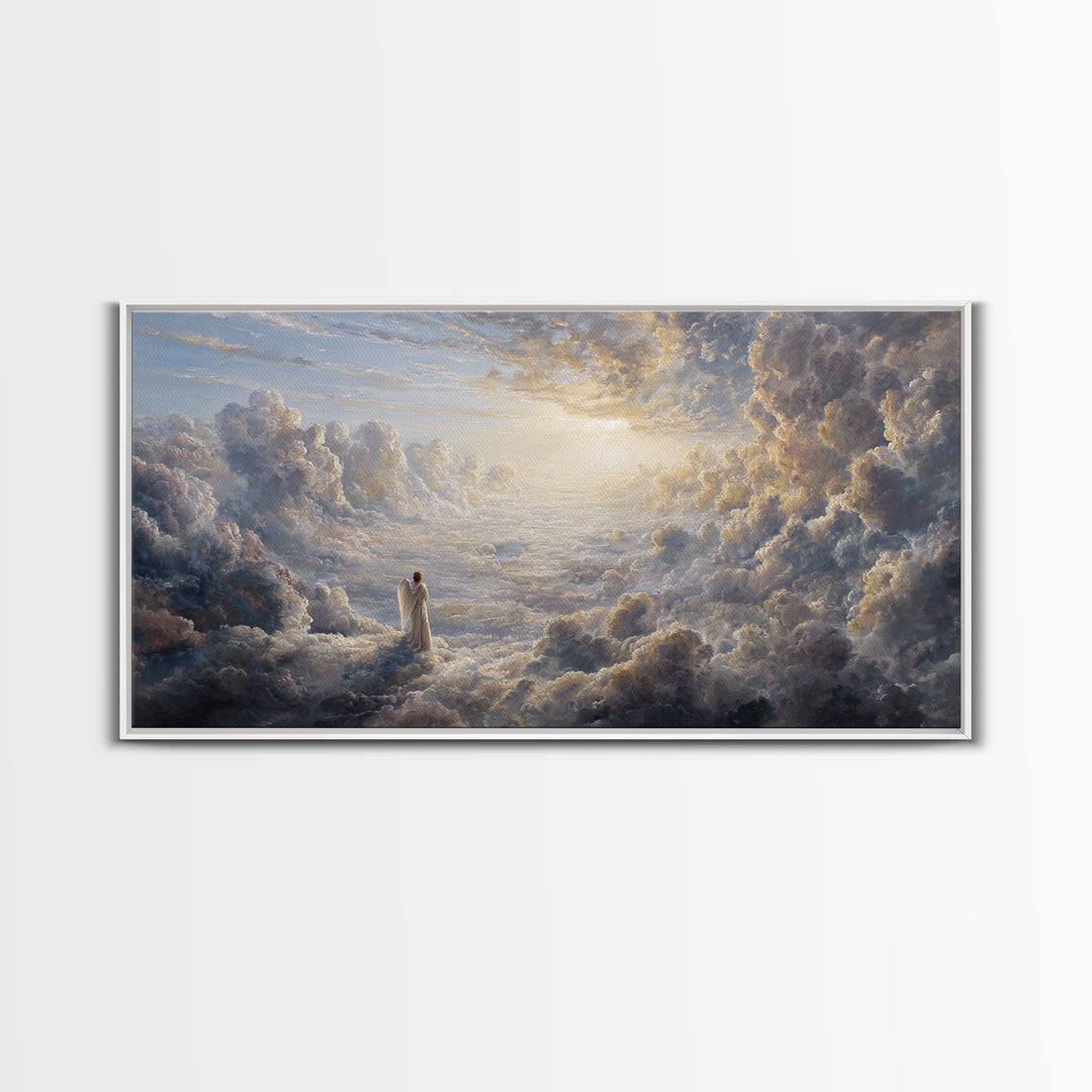 Radiant Angel In Heavenly Clouds Canvas Print, Christian Wall Art, Spiritual Home Decor, Peaceful Large Landscape Art Gift