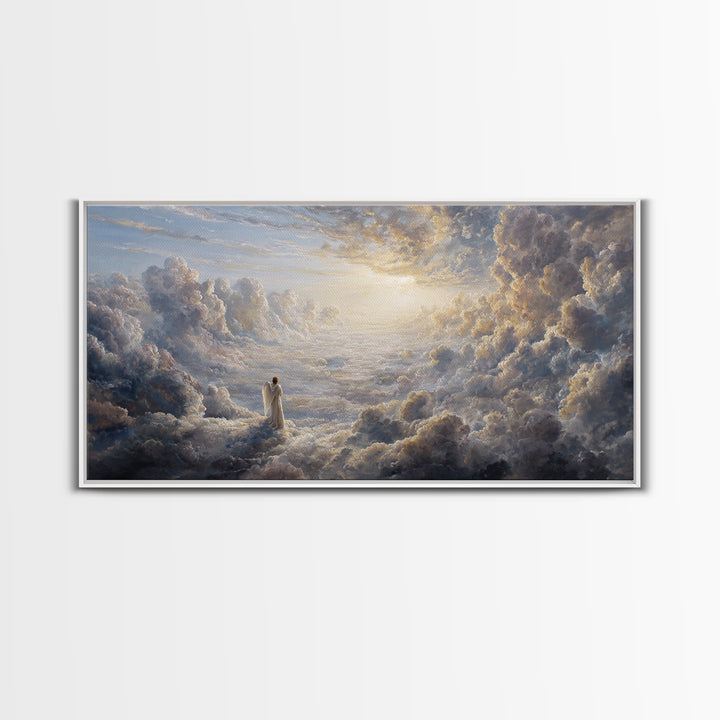 Radiant Angel In Heavenly Clouds Canvas Print, Christian Wall Art, Spiritual Home Decor, Peaceful Large Landscape Art Gift