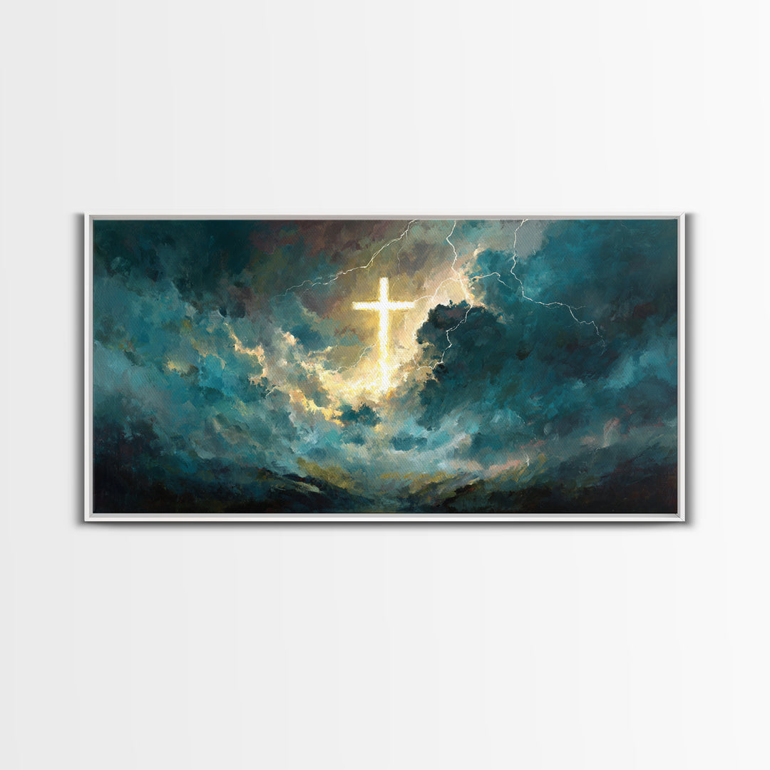 Glowing Cross In Storm Clouds Wall Art, Christian Canvas Print, Spiritual Decor, Modern Religious Living Room Wall Decor