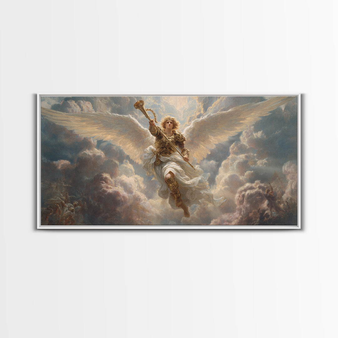 Archangel Trumpet In Stormy Clouds Canvas Print, Christian Wall Art, Religious Fine Art Print For Prayer Room Decor Gift