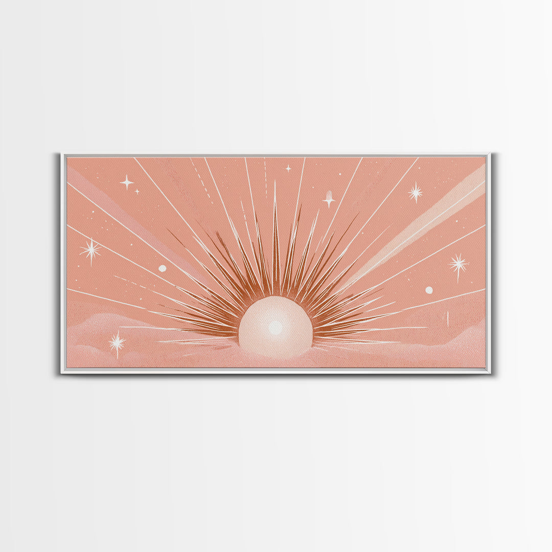 Radiant Peach Sunrise Wall Art, Celestial Sun Rays And Stars, Boho Canvas Print, Dreamy Nursery Decor, Calming Above Bed Art
