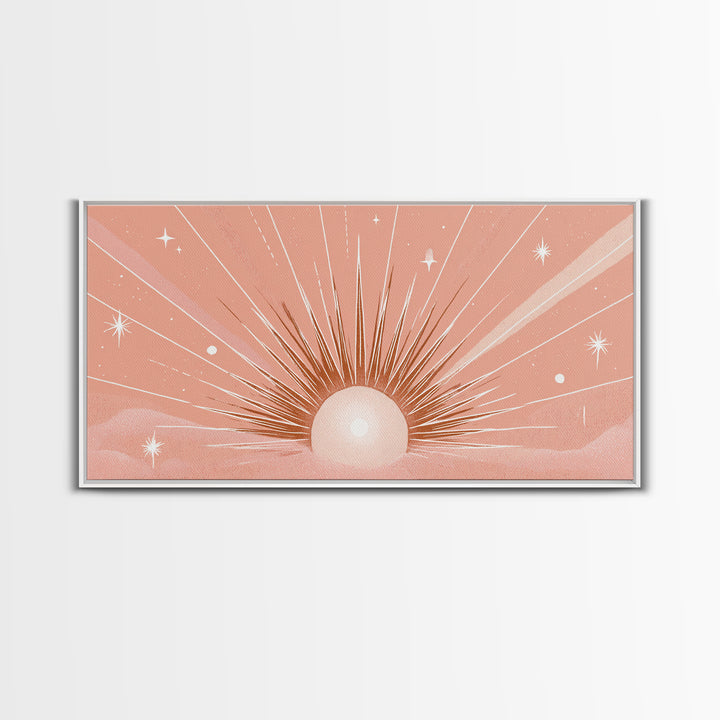 Radiant Peach Sunrise Wall Art, Celestial Sun Rays And Stars, Boho Canvas Print, Dreamy Nursery Decor, Calming Above Bed Art