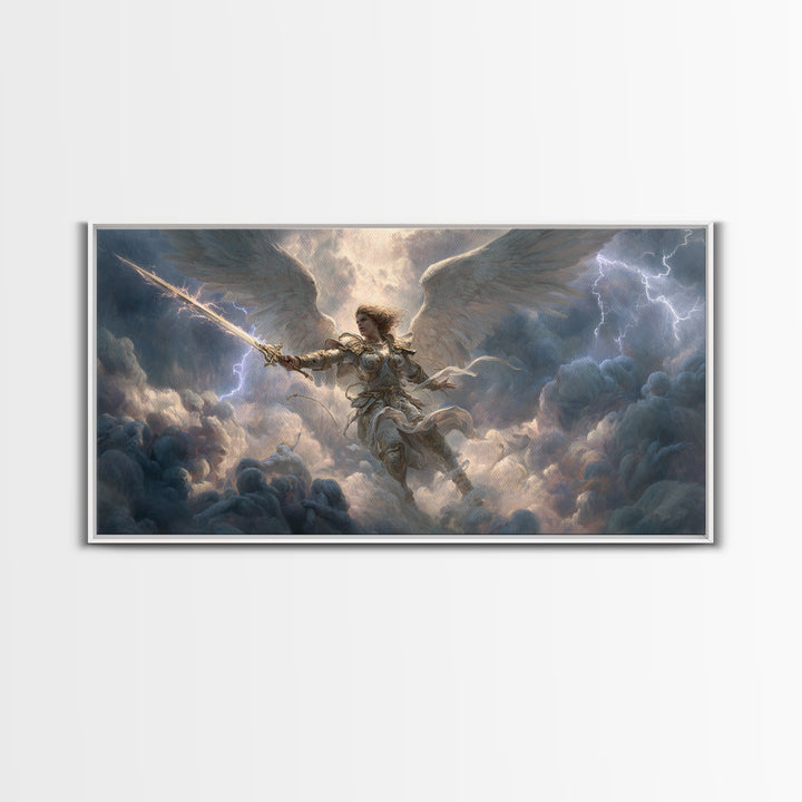 Warrior Angel With Sword Framed Canvas Print, Fantasy Wall Art, Christian Artwork, Storm Clouds, Gift For Him Or Her, Fine Art Print