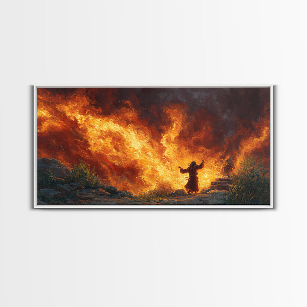 Prophet Before Roaring Flames Canvas Print, Biblical Fire Wall Art, Dramatic Spiritual Prayer Room Decor, Christian Gift For Him