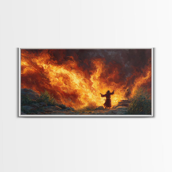Prophet Before Roaring Flames Canvas Print, Biblical Fire Wall Art, Dramatic Spiritual Prayer Room Decor, Christian Gift For Him