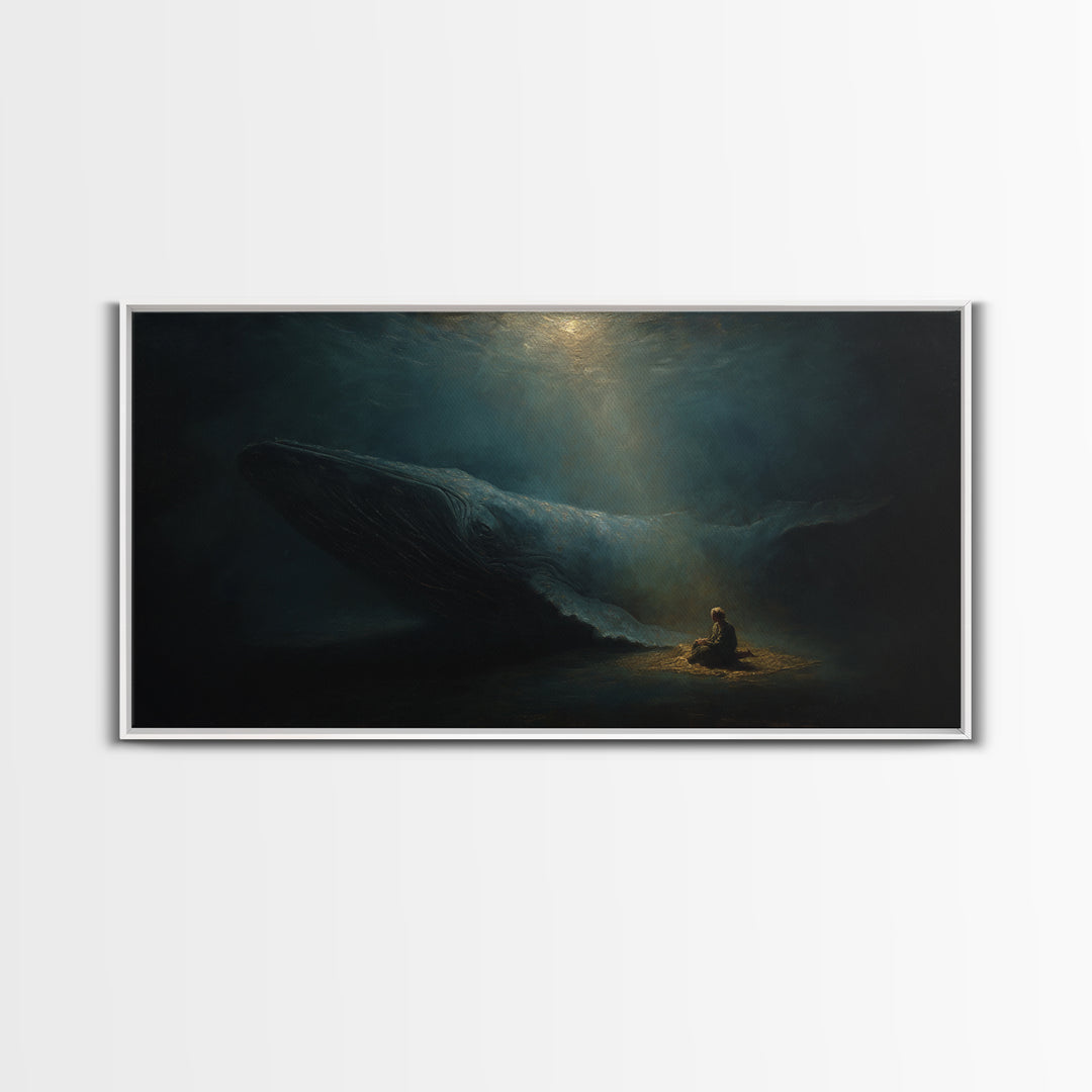 Mystic Whale And Tiny Kayaker Wall Art, Surreal Ocean Canvas Print, Moody Sea Life Decor For Bedroom Or Office Wall Decor