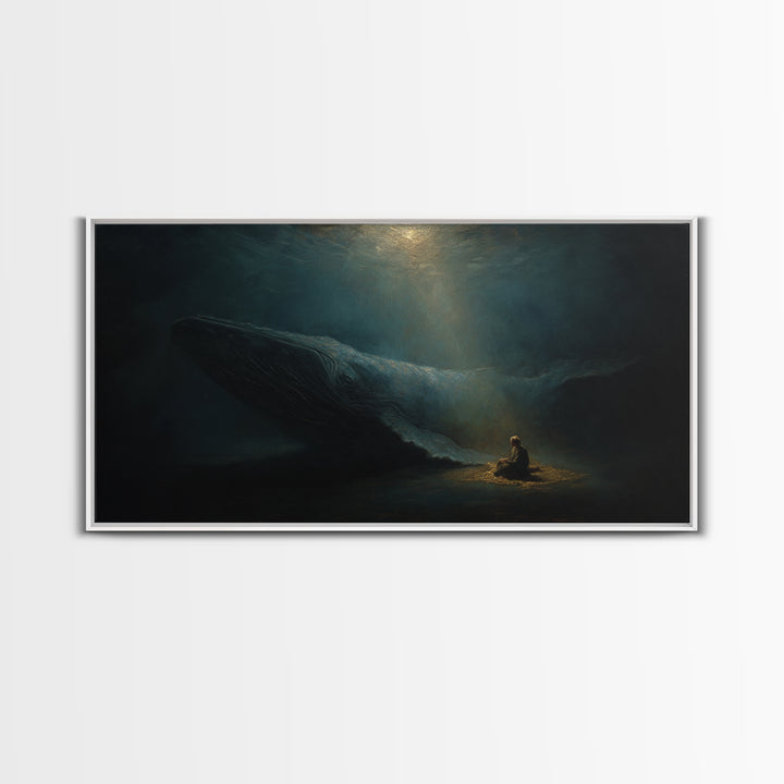 Mystic Whale And Tiny Kayaker Wall Art, Surreal Ocean Canvas Print, Moody Sea Life Decor For Bedroom Or Office Wall Decor