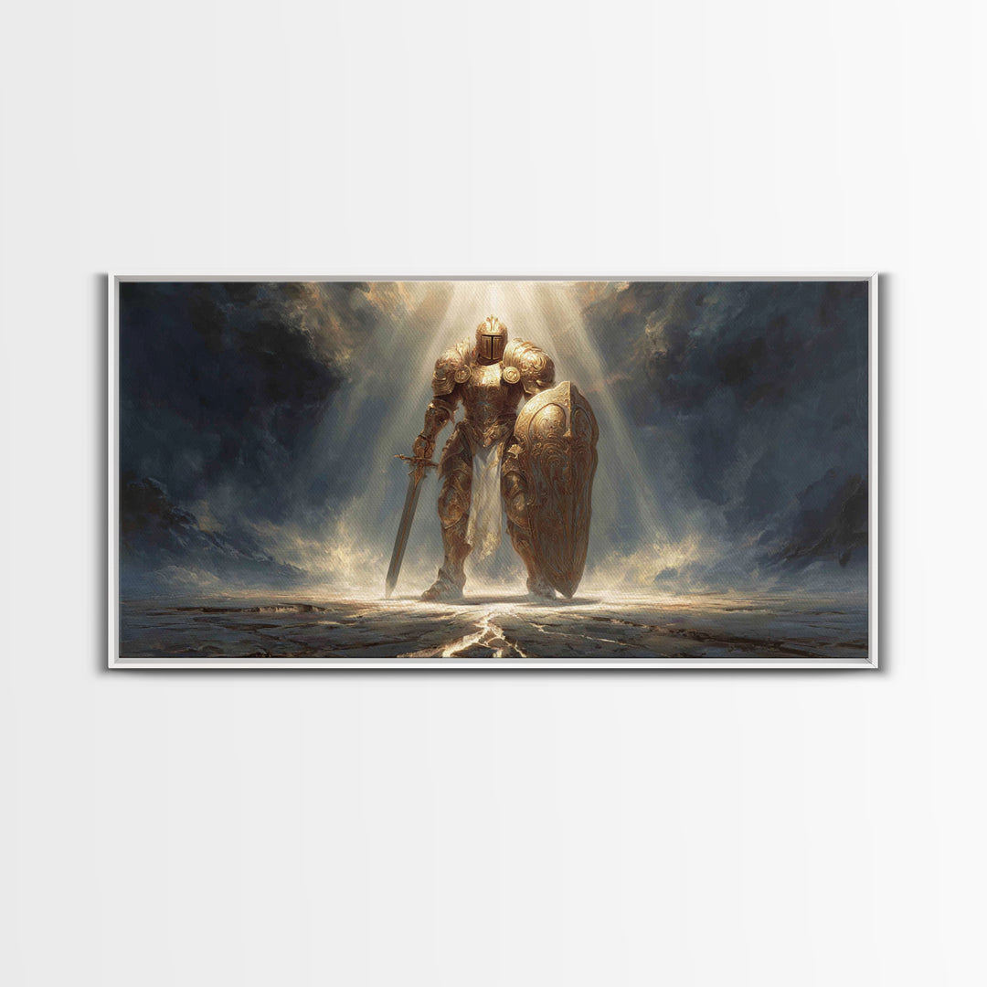 Golden Knight In Storm Light Framed Canvas Print, Epic Fantasy Warrior Large Wall Decor, Medieval Armor Art, Gift For Him