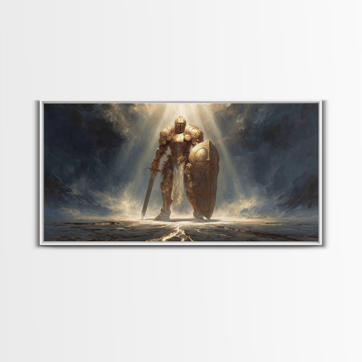 Golden Knight In Storm Light Framed Canvas Print, Epic Fantasy Warrior Large Wall Decor, Medieval Armor Art, Gift For Him