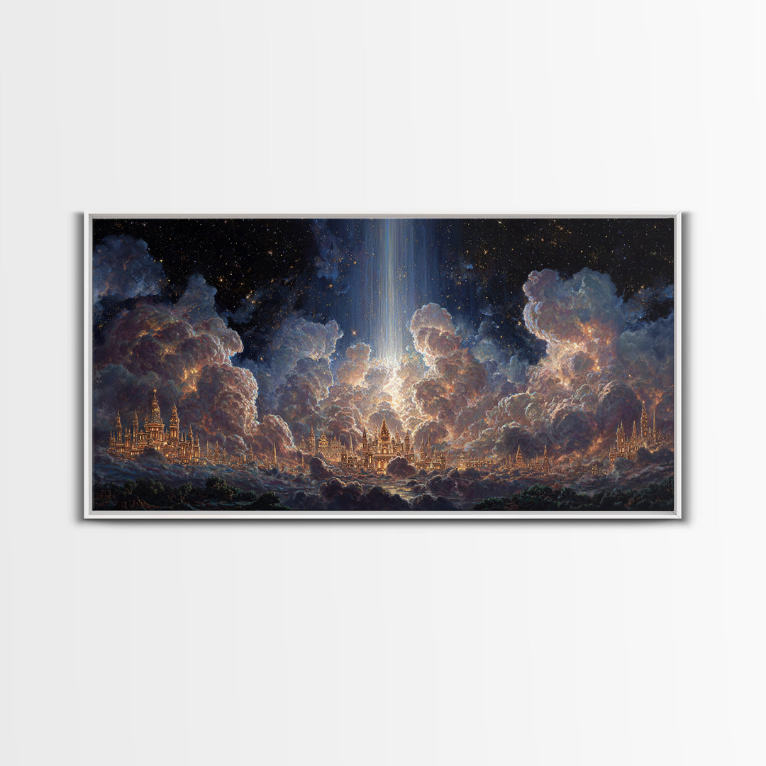 Heavenly Cloud City With Star Beam Canvas Print, Celestial Fantasy Art, Large Wall Decor, Spiritual Home Decor Gift For Her