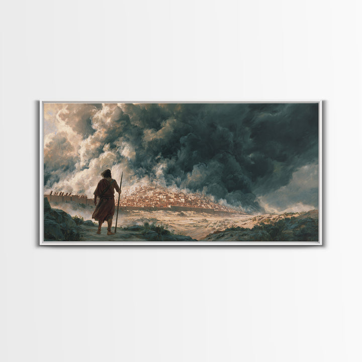 Dramatic Prophet Before Stormy City Wall Art, Biblical Landscape Canvas Print, Dark Fantasy Art, Religious Home Decor, Fine Art Print