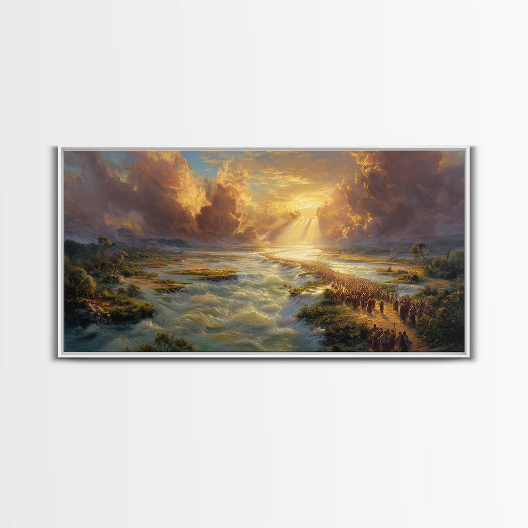 Exodus River Crossing Canvas Print, Golden Biblical Landscape Painting, Christian Wall Decor, Housewarming Gift For Living Room