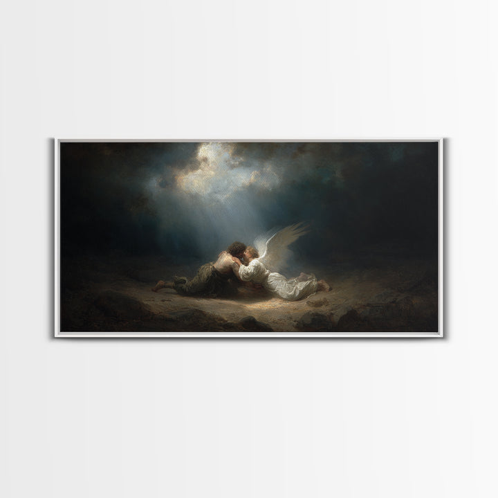 Angel Embracing Fallen Man Wall Art, Dark Baroque Canvas Print, Religious Fine Art, Spiritual Gothic Home Decor Gift For Her