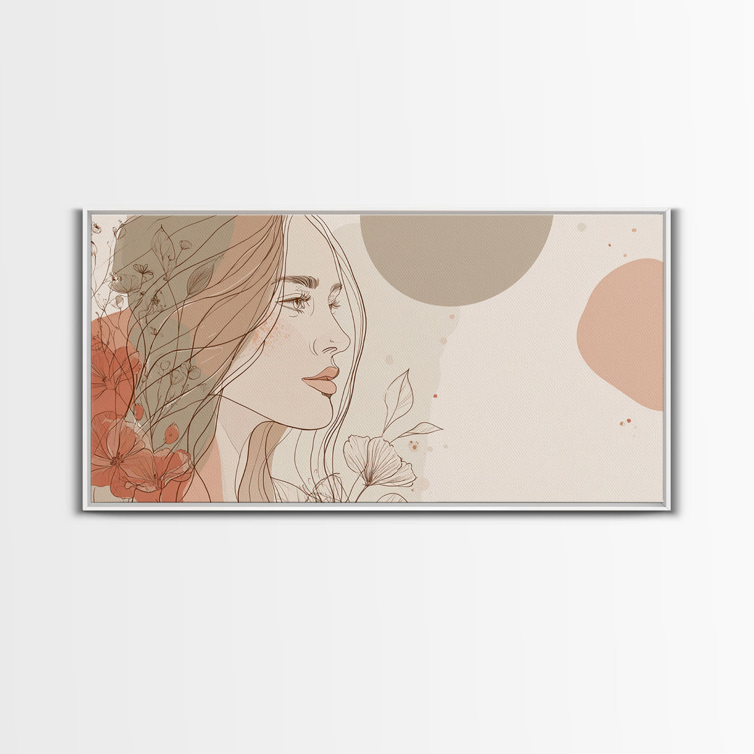 Elegant Woman Profile Wall Art, Floral Line Drawing, Feminine Canvas Print, Neutral Boho Bedroom Decor, Gift For Her, Modern Home Decor