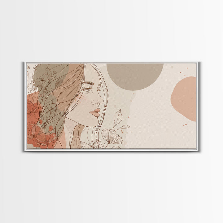 Elegant Woman Profile Wall Art, Floral Line Drawing, Feminine Canvas Print, Neutral Boho Bedroom Decor, Gift For Her, Modern Home Decor