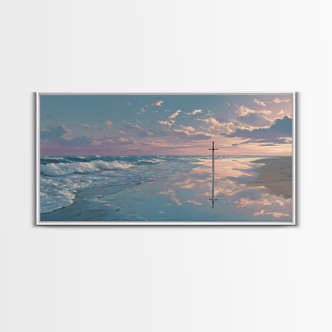 Ocean Sunrise Cross On Wet Sand Framed Canvas Print, Christian Wall Art, Coastal Beach Decor, Peaceful Seascape Art Gift
