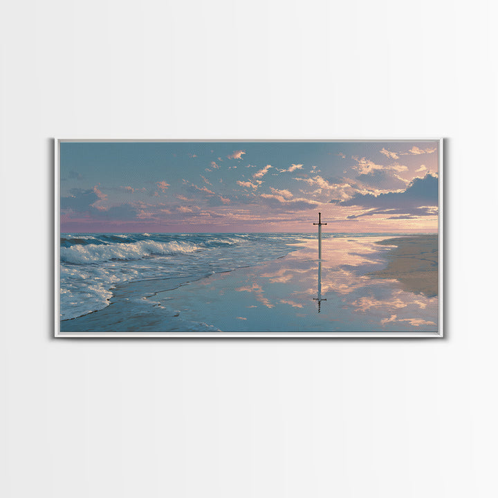 Ocean Sunrise Cross On Wet Sand Framed Canvas Print, Christian Wall Art, Coastal Beach Decor, Peaceful Seascape Art Gift