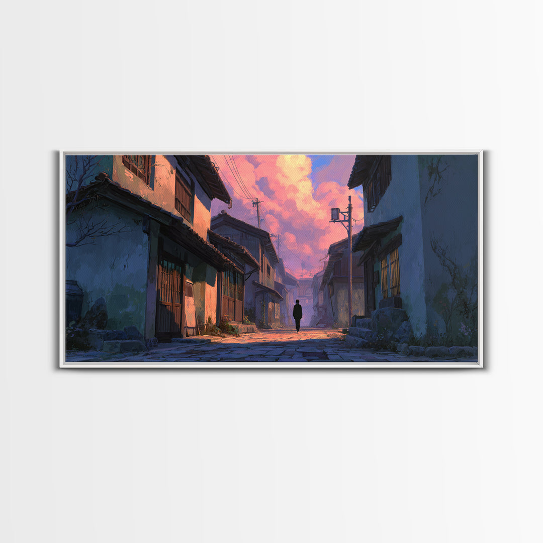Japanese Twilight Alley Wall Art, Anime Inspired Canvas Print, Moody Urban Landscape, Japandi Decor For Home Office And Gift