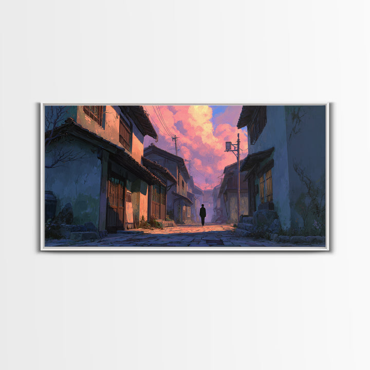 Japanese Twilight Alley Wall Art, Anime Inspired Canvas Print, Moody Urban Landscape, Japandi Decor For Home Office And Gift