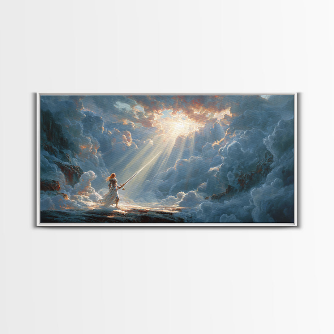 Angel Warrior In Heavenly Clouds Framed Canvas Print, Fantasy Woman Art, Divine Light Wall Decor, Spiritual Gift For Her
