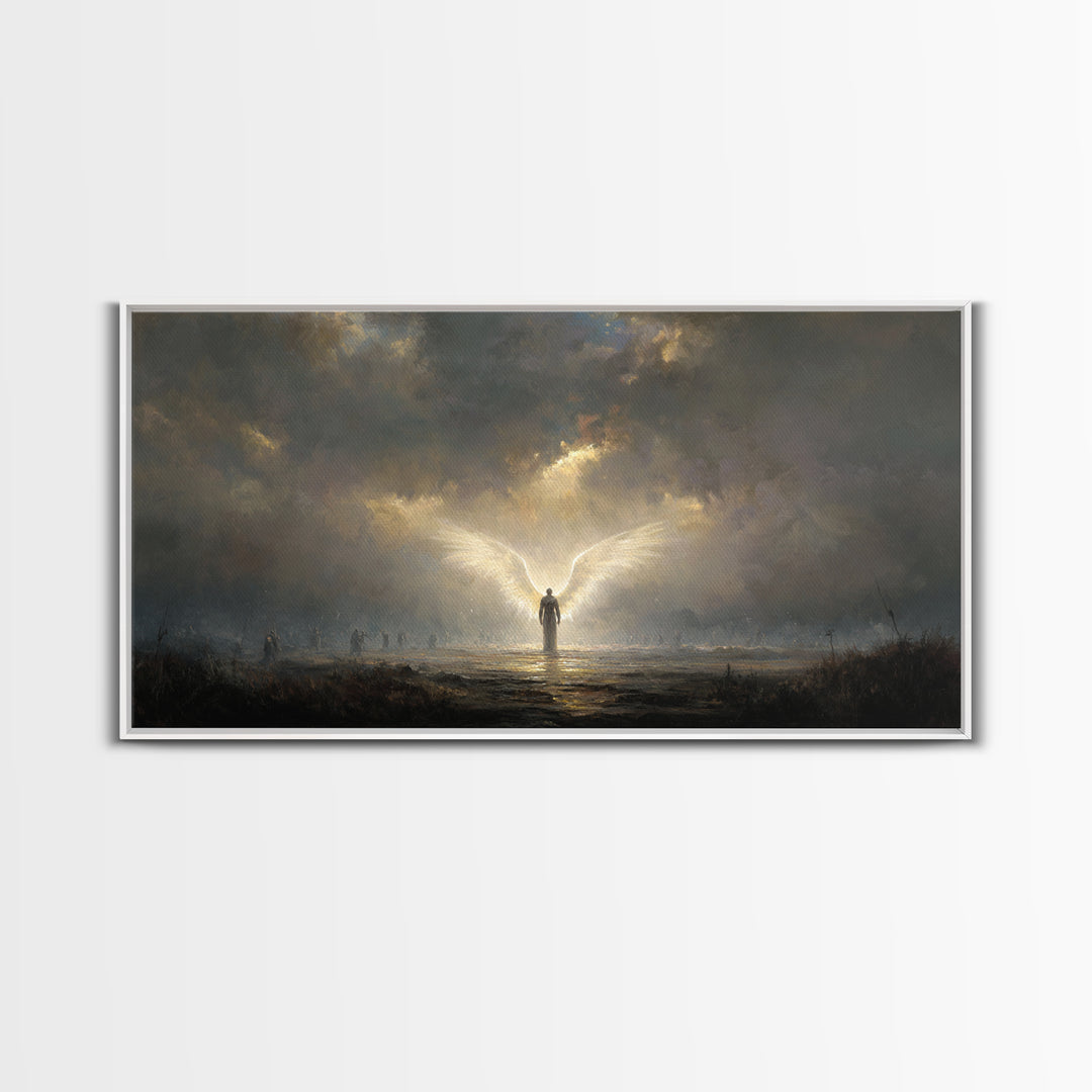 Radiant Angel In Storm Wall Art, Dark Fantasy Spiritual Canvas Print, Moody Religious Decor For Prayer Room And Bedroom Decor