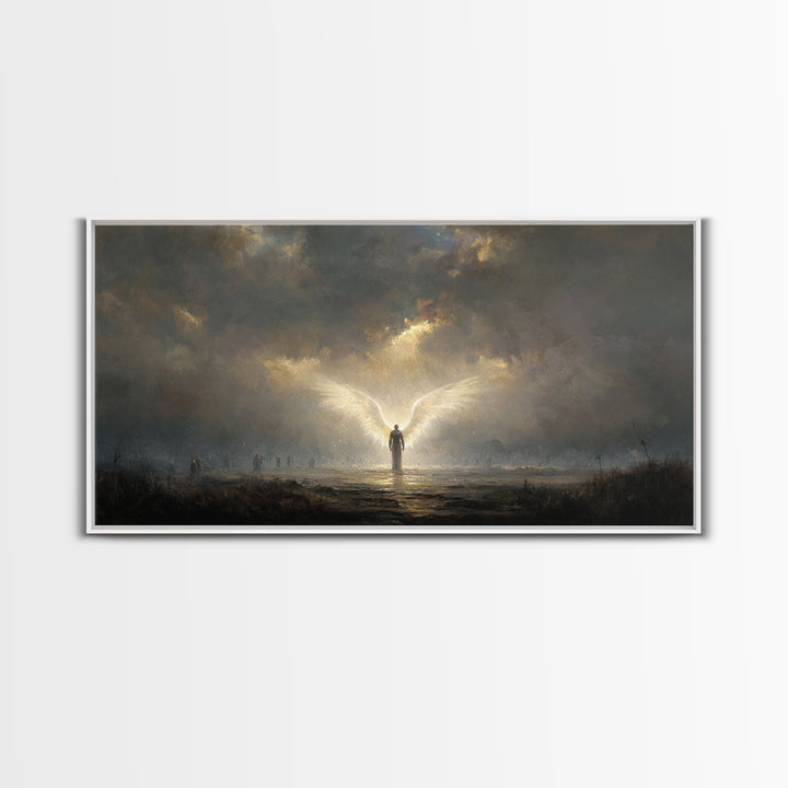 Radiant Angel In Storm Wall Art, Dark Fantasy Spiritual Canvas Print, Moody Religious Decor For Prayer Room And Bedroom Decor