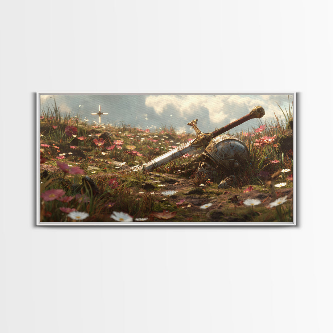 Flowered Battlefield Sword And Helmet Canvas Print, Fantasy Art, Knight Wall Decor, Gothic Gift For Him, Large Wall Art Print