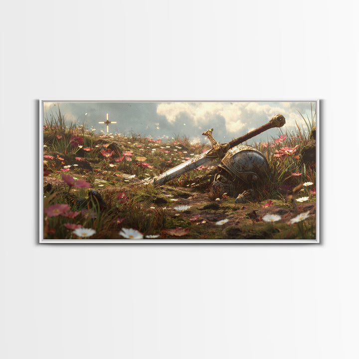 Flowered Battlefield Sword And Helmet Canvas Print, Fantasy Art, Knight Wall Decor, Gothic Gift For Him, Large Wall Art Print