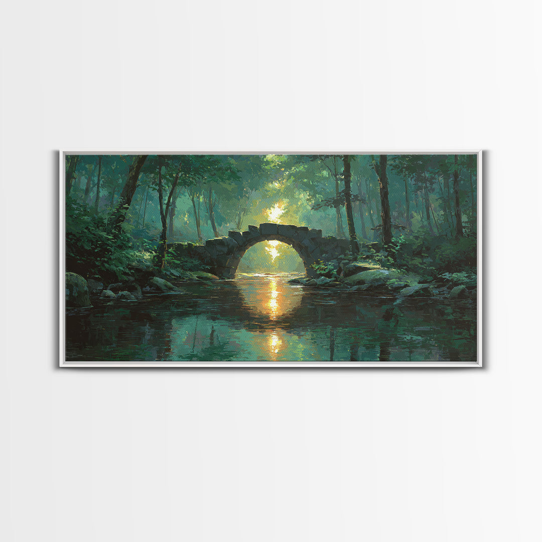 Sunlit Stone Bridge Over Forest River Canvas Print, Tranquil Landscape Wall Art, Japandi Nature Decor, Calming Home Gift