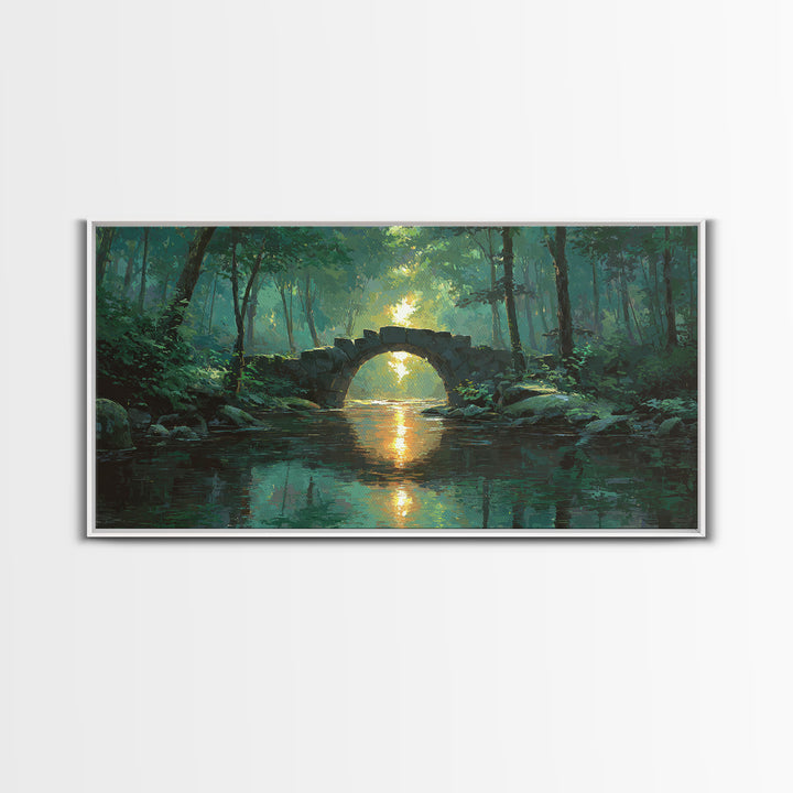Sunlit Stone Bridge Over Forest River Canvas Print, Tranquil Landscape Wall Art, Japandi Nature Decor, Calming Home Gift