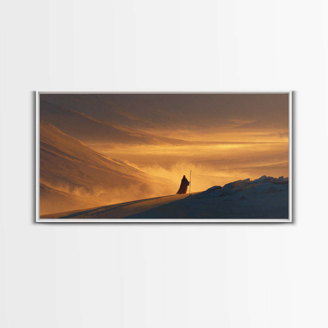 Lone Traveler In Golden Snowy Mountains Canvas Print, Epic Sunset Landscape Wall Art, Rustic Adventure Home Decor Gift For Him