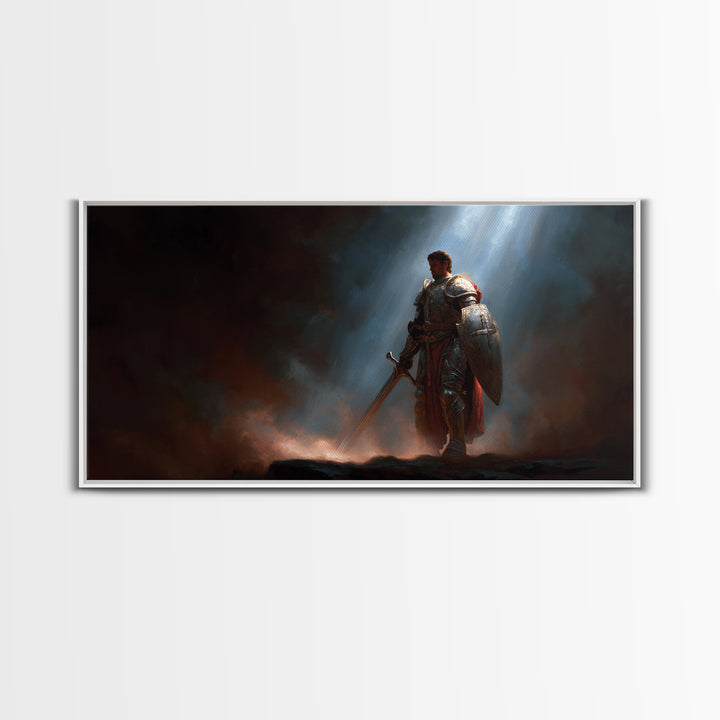 Armored Knight In Dramatic Light Canvas Print, Dark Fantasy Wall Art, Medieval Warrior Decor, Gothic Gift For Him, Game Room Art