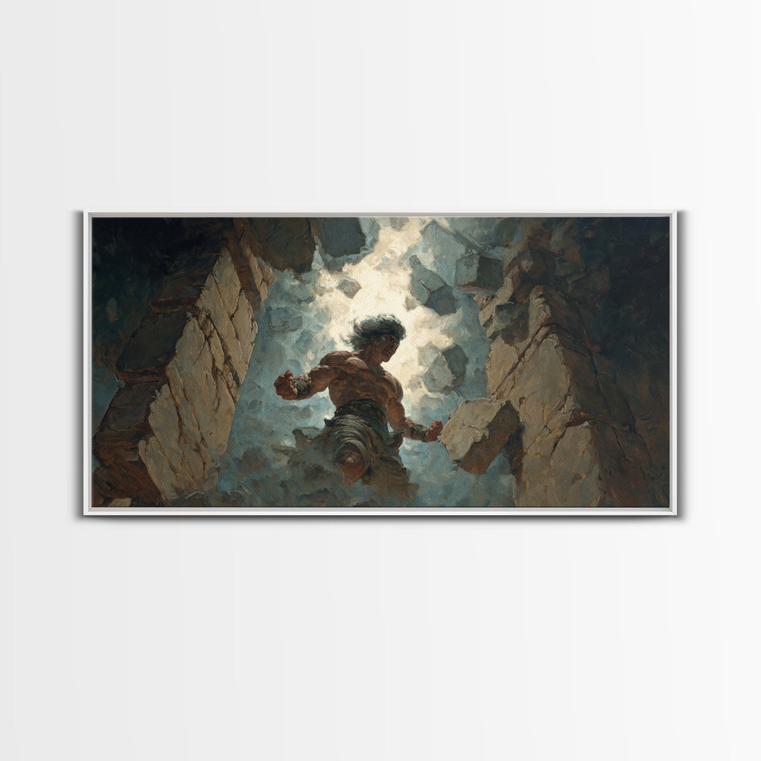 Mighty Warrior Breaking Stone Wall Art, Dramatic Fantasy Canvas Print, Epic Battle Decor For Game Room Or Man Cave Wall Decor