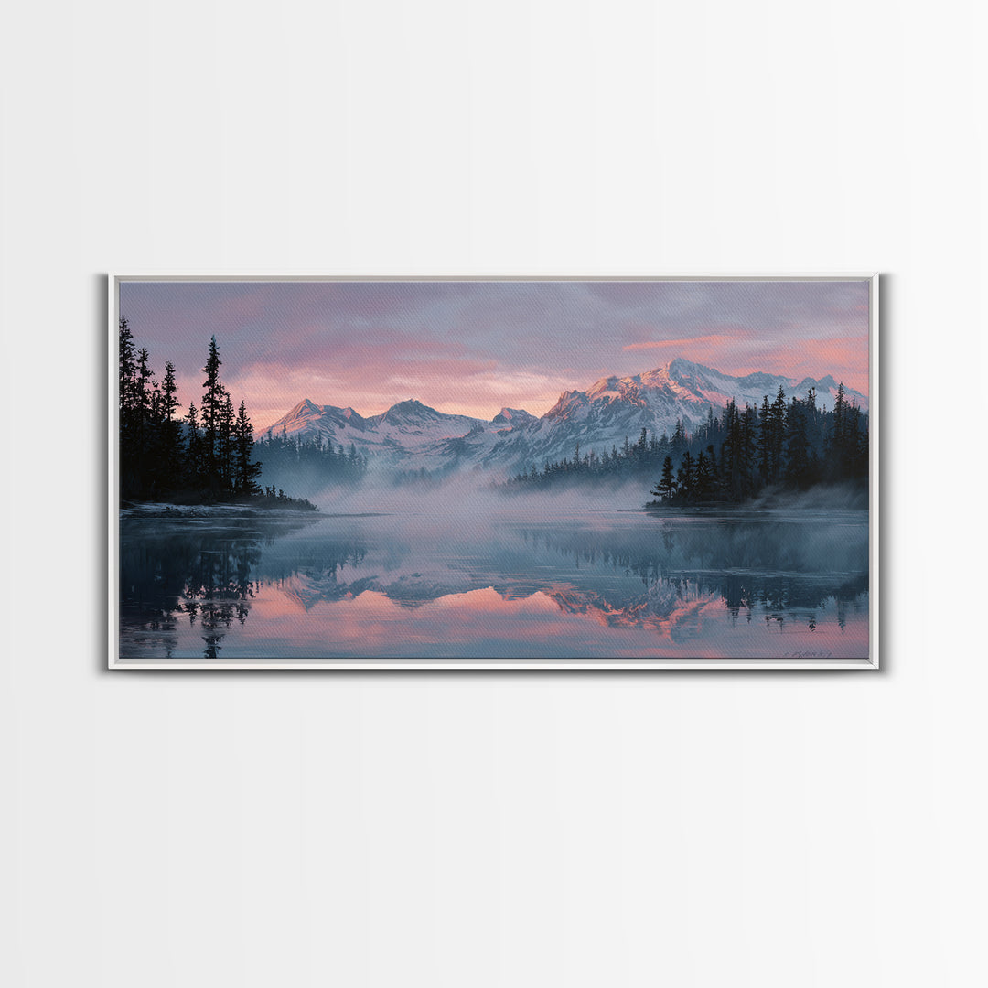 Pink Alpine Mountain Lake Wall Art, Misty Forest Landscape Canvas Print, Nature Decor, Large Wall Art For Living Room Decor
