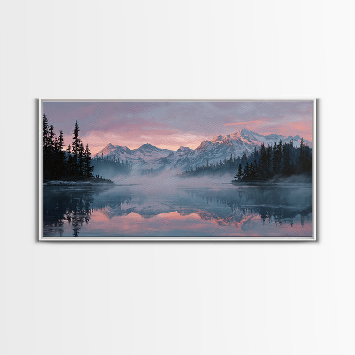 Pink Alpine Mountain Lake Wall Art, Misty Forest Landscape Canvas Print, Nature Decor, Large Wall Art For Living Room Decor