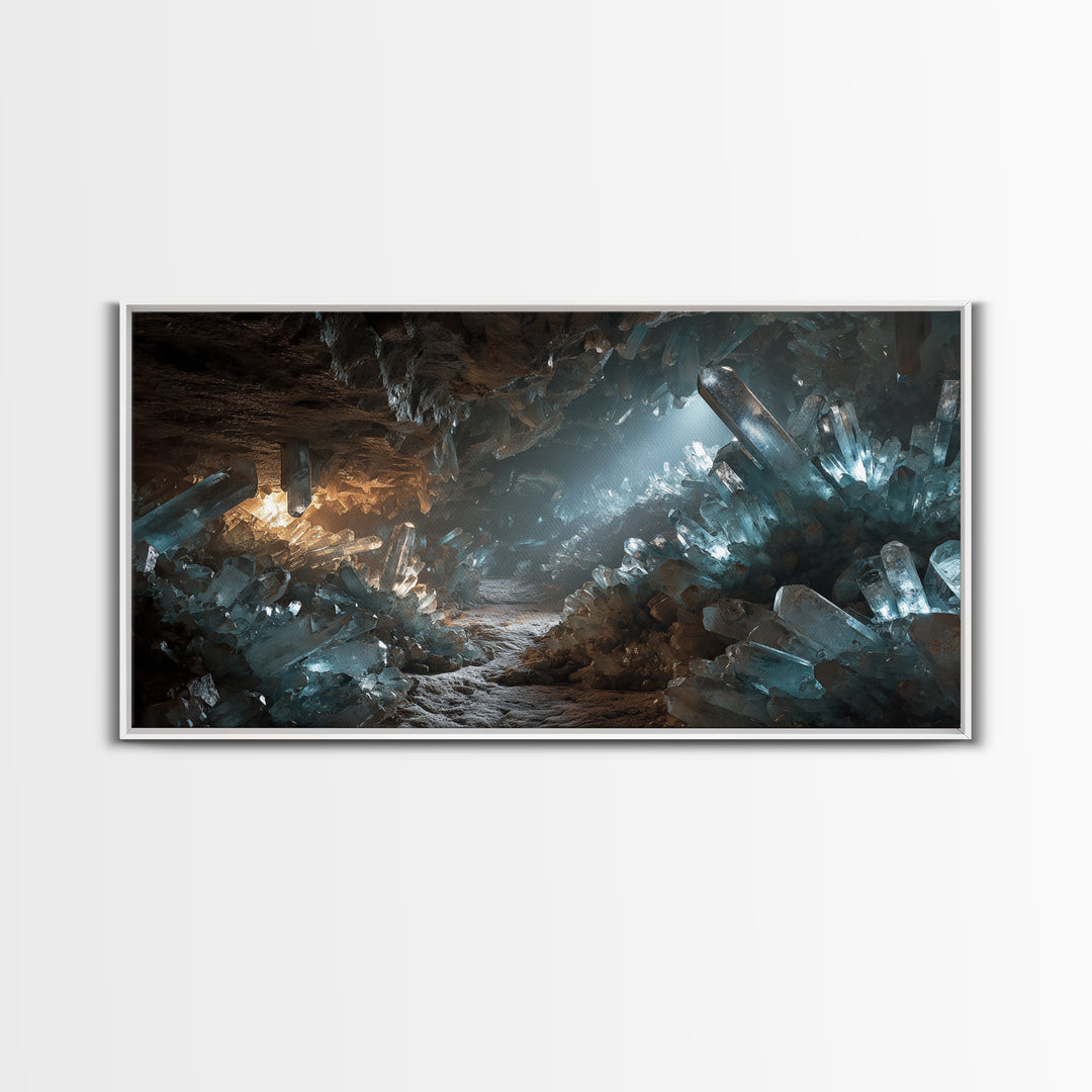 Glowing Crystal Cave Fantasy Canvas Print, Blue Quartz Cavern Wall Decor, Mystical Landscape Art, Unique Gamer Room Gift