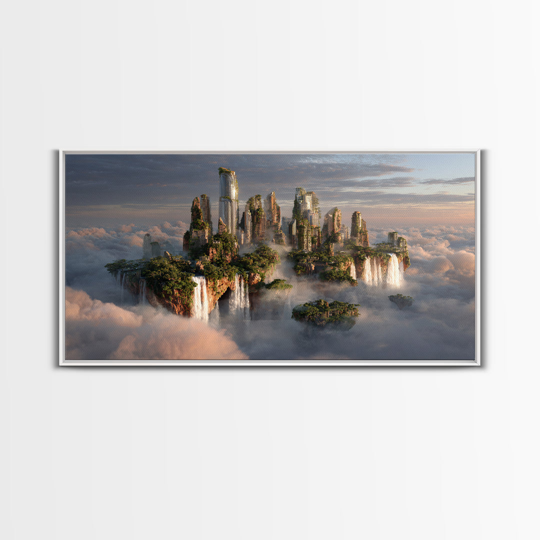 Floating Island City Above Clouds Wall Art, Fantasy Landscape Canvas Print, Surreal Modern Decor, Statement Artwork Gift