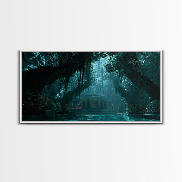 Teal Jungle Temple Cave With Waterfall Wall Art, Fantasy Canvas Print, Moody Nature Decor, Zen Home Decor, Unique Gift For Her