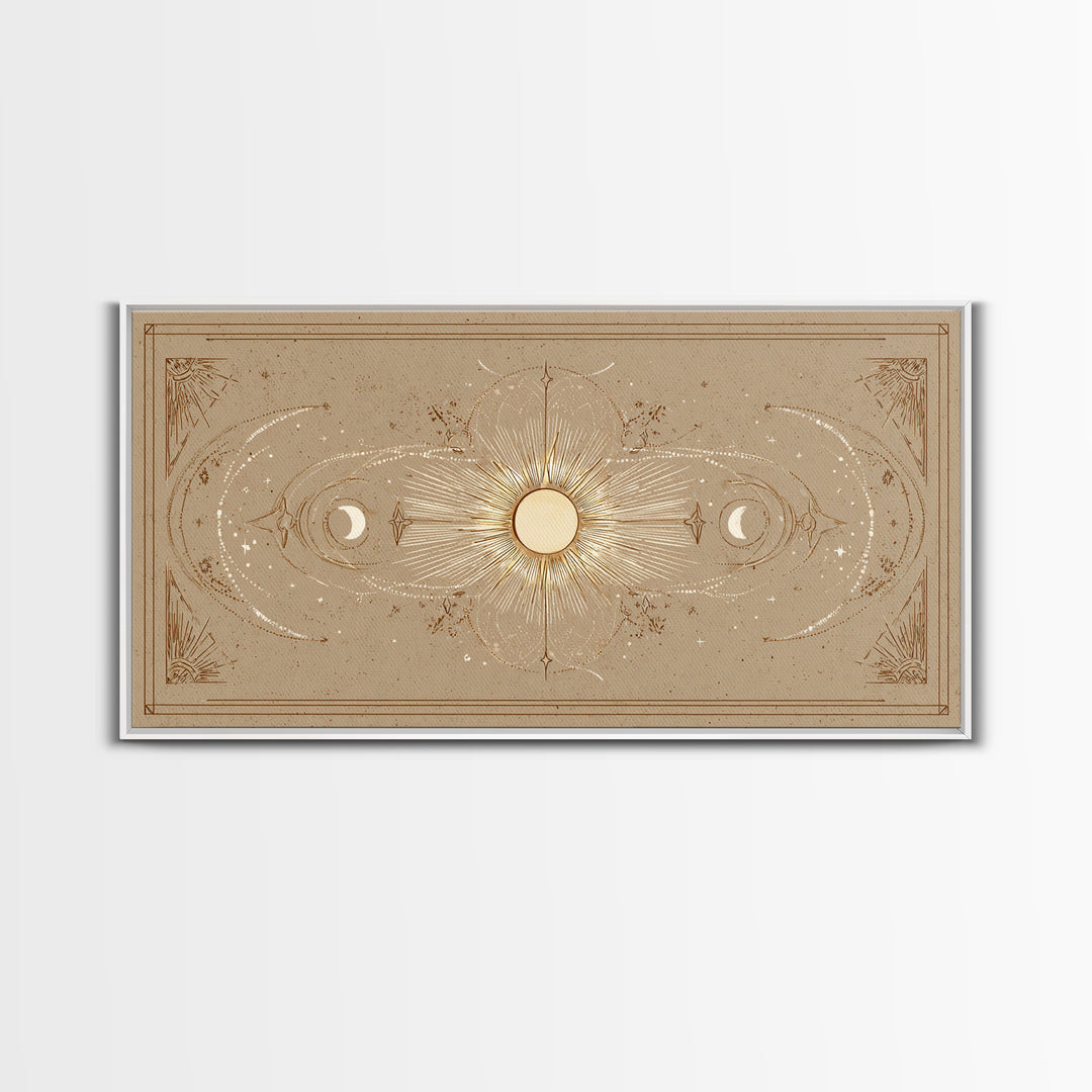 Celestial Sun And Moon Wall Art, Gold Mystic Canvas Print, Boho Astrology Decor, Neutral Bedroom Above Bed Wall Decor, Housewarming Gift