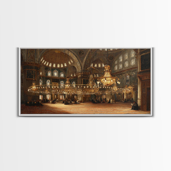 Ornate Mosque Interior With Golden Chandeliers Framed Canvas Print, Islamic Architecture Wall Art, Elegant Ramadan Decor