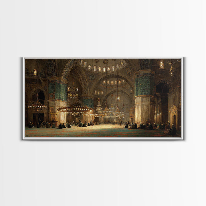 Golden Mosque Interior Prayer Hall Wall Art, Islamic Architecture Framed Canvas Print, Spiritual Decor, Eid Housewarming Gift