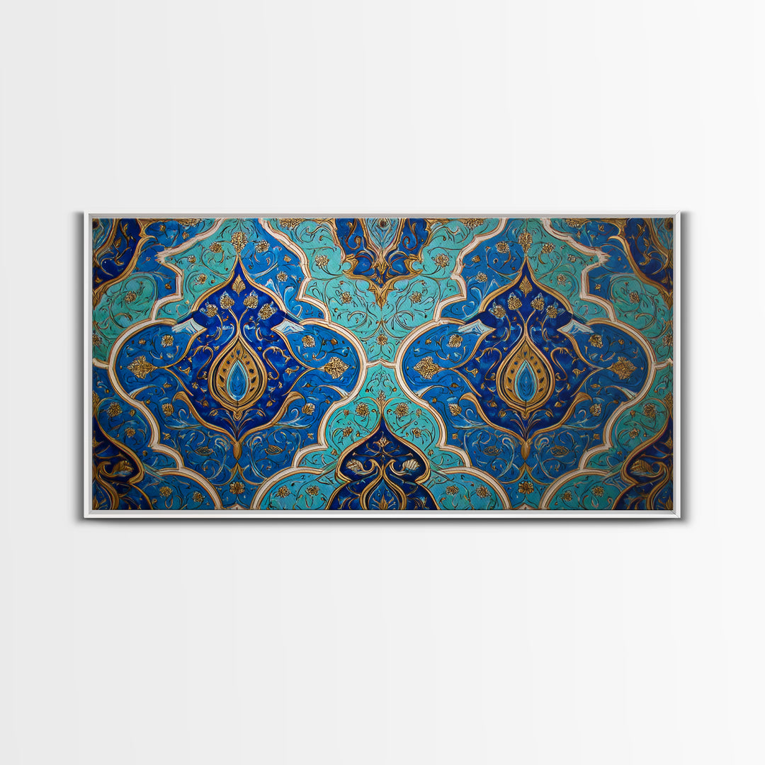 Blue Gold Moroccan Tile Pattern Wall Art, Islamic Home Decor, Boho Wall Decor, Geometric Art, Luxury Statement Artwork Gift