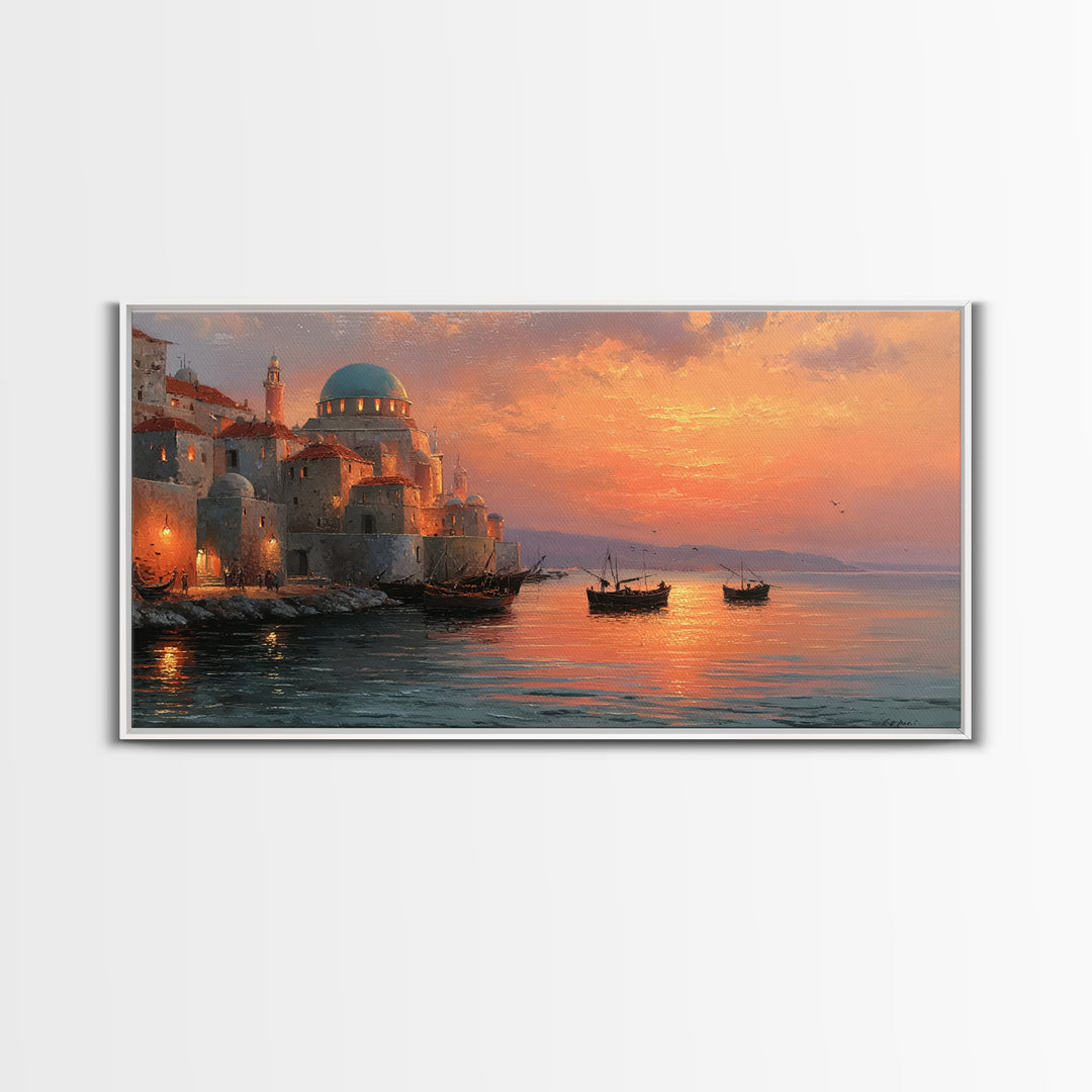 Mediterranean Dome Harbor Sunset Canvas Print, Coastal Wall Art, Italian Seascape Decor, Boats Over Water, Travel Gift Idea